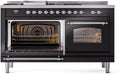 ILVE Nostalgie II 60-Inch Dual Fuel Freestanding Range with Removable Griddle in Glossy Black with Chrome Trim (UP60FSNMPBKC)