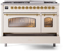 ILVE Nostalgie II 48-Inch Dual Fuel Freestanding Range with Removable Griddle in Antique White with Brass Trim (UP48FNMPAWG)