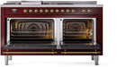 ILVE Nostalgie II 60-Inch Dual Fuel Freestanding Range with Removable Griddle in Burgundy with Brass Trim (UP60FSNMPBUG)