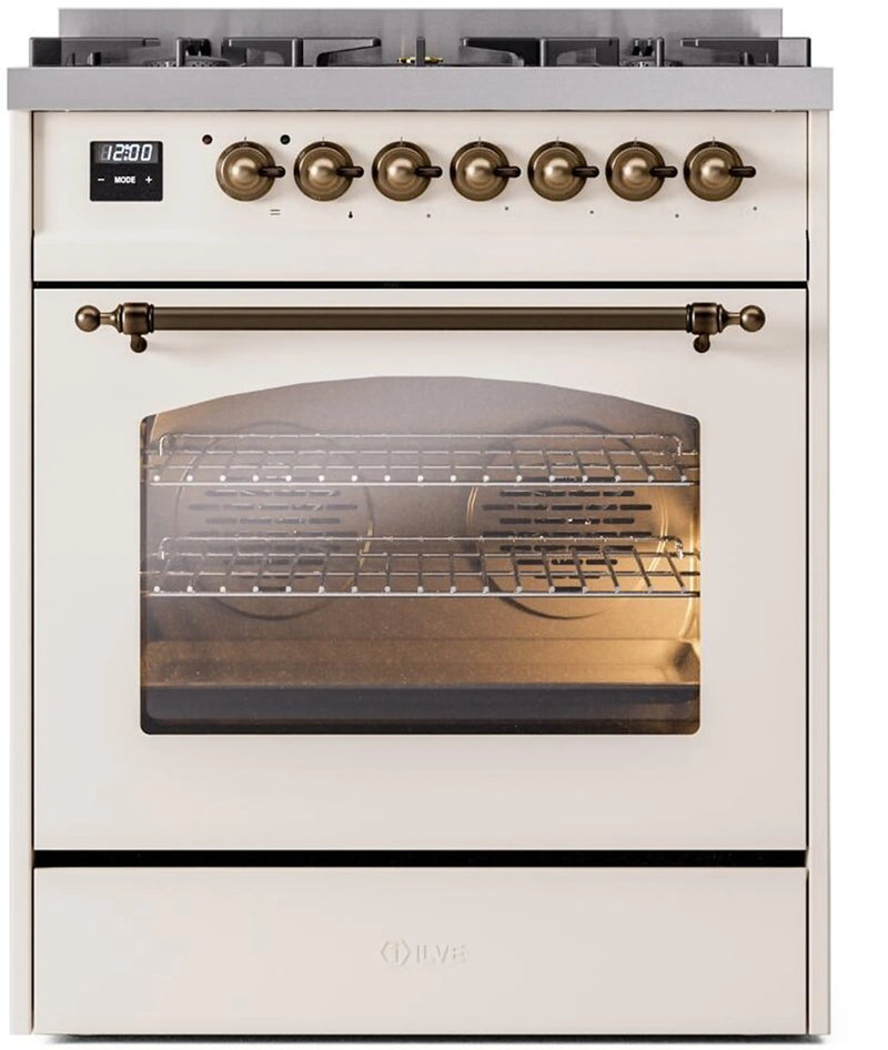 ILVE Nostalgie II 30-Inch Dual Fuel Freestanding Range in Antique White with Bronze Trim (UP30NMPAWB)