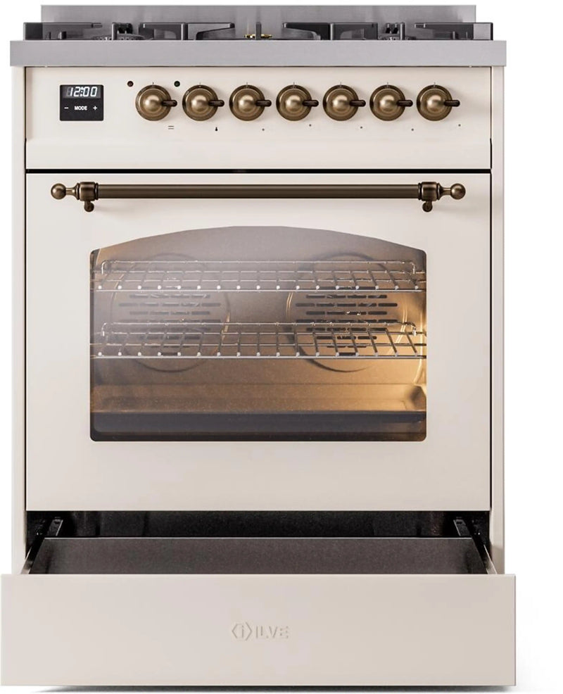 ILVE Nostalgie II 30-Inch Dual Fuel Freestanding Range in Antique White with Bronze Trim (UP30NMPAWB)