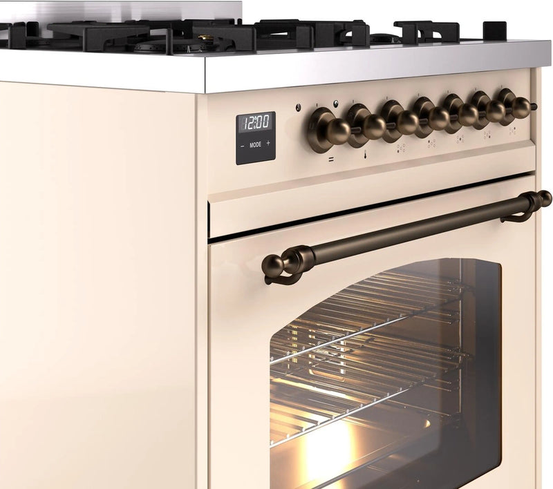 ILVE Nostalgie II 30-Inch Dual Fuel Freestanding Range in Antique White with Bronze Trim (UP30NMPAWB)