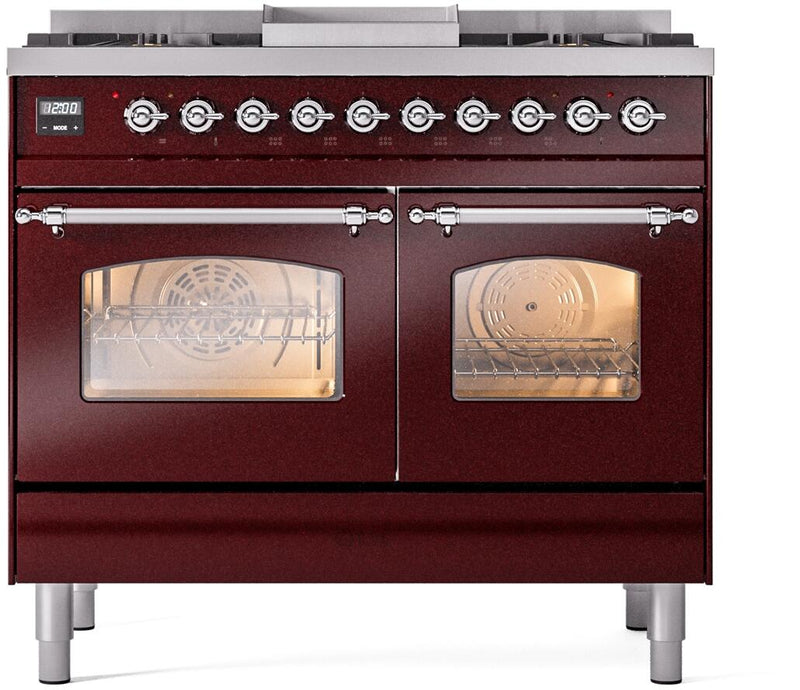 ILVE Nostalgie II 40-Inch Dual Fuel Freestanding Range with Removable Griddle in Burgundy with Chrome Trim (UPD40FNMPBUC)