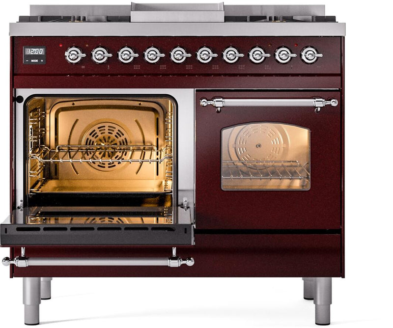 ILVE Nostalgie II 40-Inch Dual Fuel Freestanding Range with Removable Griddle in Burgundy with Chrome Trim (UPD40FNMPBUC)