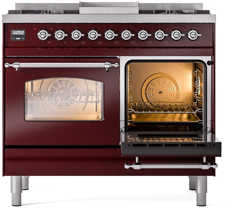 ILVE Nostalgie II 40-Inch Dual Fuel Freestanding Range with Removable Griddle in Burgundy with Chrome Trim (UPD40FNMPBUC)