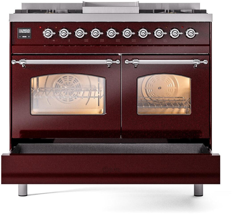 ILVE Nostalgie II 40-Inch Dual Fuel Freestanding Range with Removable Griddle in Burgundy with Chrome Trim (UPD40FNMPBUC)