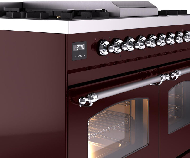 ILVE Nostalgie II 40-Inch Dual Fuel Freestanding Range with Removable Griddle in Burgundy with Chrome Trim (UPD40FNMPBUC)