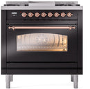 ILVE Nostalgie II 36-Inch Dual Fuel Freestanding Range with Removable Griddle in Glossy Black with Copper Trim (UP36FNMPBKP)