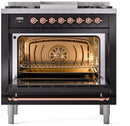 ILVE Nostalgie II 36-Inch Dual Fuel Freestanding Range with Removable Griddle in Glossy Black with Copper Trim (UP36FNMPBKP)