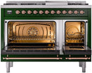 ILVE Nostalgie II 48-Inch Dual Fuel Freestanding Range with Removable Griddle in Emerald Green with Copper Trim (UP48FNMPEGP)