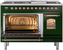 ILVE Nostalgie II 48-Inch Dual Fuel Freestanding Range with Removable Griddle in Emerald Green with Copper Trim (UP48FNMPEGP)