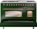 ILVE Nostalgie II 48-Inch Dual Fuel Freestanding Range with Removable Griddle in Emerald Green with Copper Trim (UP48FNMPEGP)