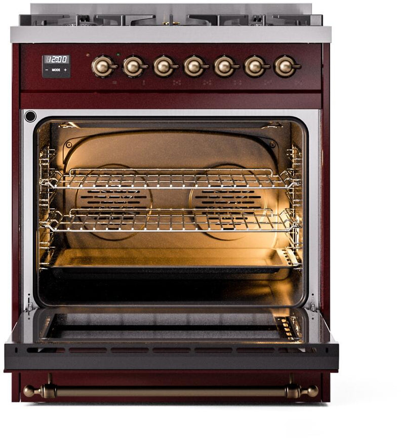 ILVE Nostalgie II 30-Inch Dual Fuel Freestanding Range in Burgundy with Bronze Trim (UP30NMPBUB)