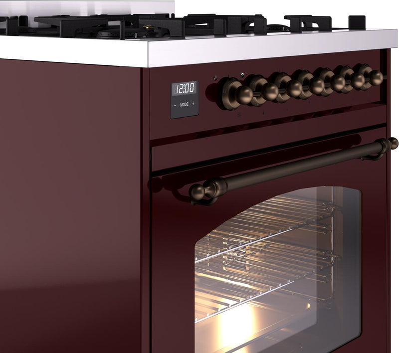 ILVE Nostalgie II 30-Inch Dual Fuel Freestanding Range in Burgundy with Bronze Trim (UP30NMPBUB)