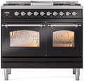 ILVE Nostalgie II 40-Inch Dual Fuel Freestanding Range with Removable Griddle in Glossy Black with Chrome Trim (UPD40FNMPBKC)