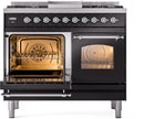 ILVE Nostalgie II 40-Inch Dual Fuel Freestanding Range with Removable Griddle in Glossy Black with Chrome Trim (UPD40FNMPBKC)