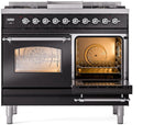 ILVE Nostalgie II 40-Inch Dual Fuel Freestanding Range with Removable Griddle in Glossy Black with Chrome Trim (UPD40FNMPBKC)