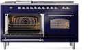 ILVE Nostalgie II 60-Inch Dual Fuel Freestanding Range with Removable Griddle in Midnight Blue with Chrome Trim (UP60FSNMPMBC)