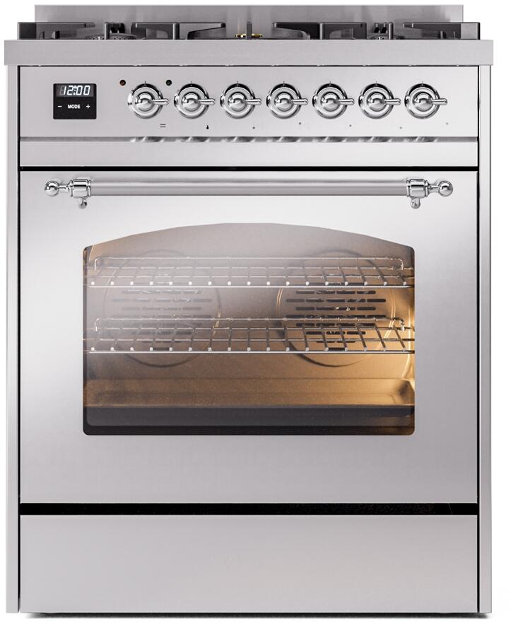 ILVE Nostalgie II 30-Inch Dual Fuel Freestanding Range in Stainless Steel with Chrome Trim (UP30NMPSSC)