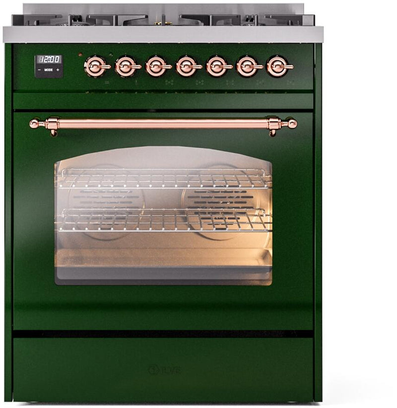 ILVE Nostalgie II 30-Inch Dual Fuel Freestanding Range in Emerald Green with Copper Trim (UP30NMPEGP)