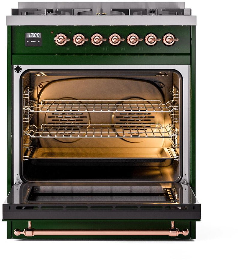 ILVE Nostalgie II 30-Inch Dual Fuel Freestanding Range in Emerald Green with Copper Trim (UP30NMPEGP)