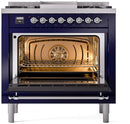 ILVE Nostalgie II 36-Inch Dual Fuel Freestanding Range with Removable Griddle in Midnight Blue with Chrome Trim (UP36FNMPMBC)