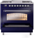 ILVE Nostalgie II 36-Inch Dual Fuel Freestanding Range with Removable Griddle in Midnight Blue with Chrome Trim (UP36FNMPMBC)