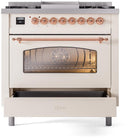 ILVE Nostalgie II 36-Inch Dual Fuel Freestanding Range with Removable Griddle in Antique White with Copper Trim (UP36FNMPAWP)