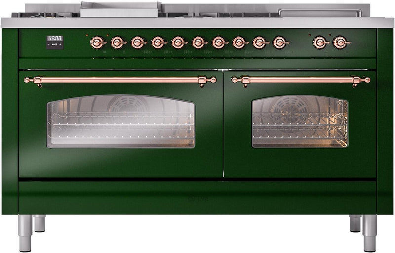 ILVE Nostalgie II 60-Inch Dual Fuel Freestanding Range with Removable Griddle in Emerald Green with Copper Trim (UP60FSNMPEGP)