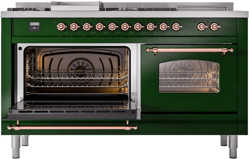 ILVE Nostalgie II 60-Inch Dual Fuel Freestanding Range with Removable Griddle in Emerald Green with Copper Trim (UP60FSNMPEGP)