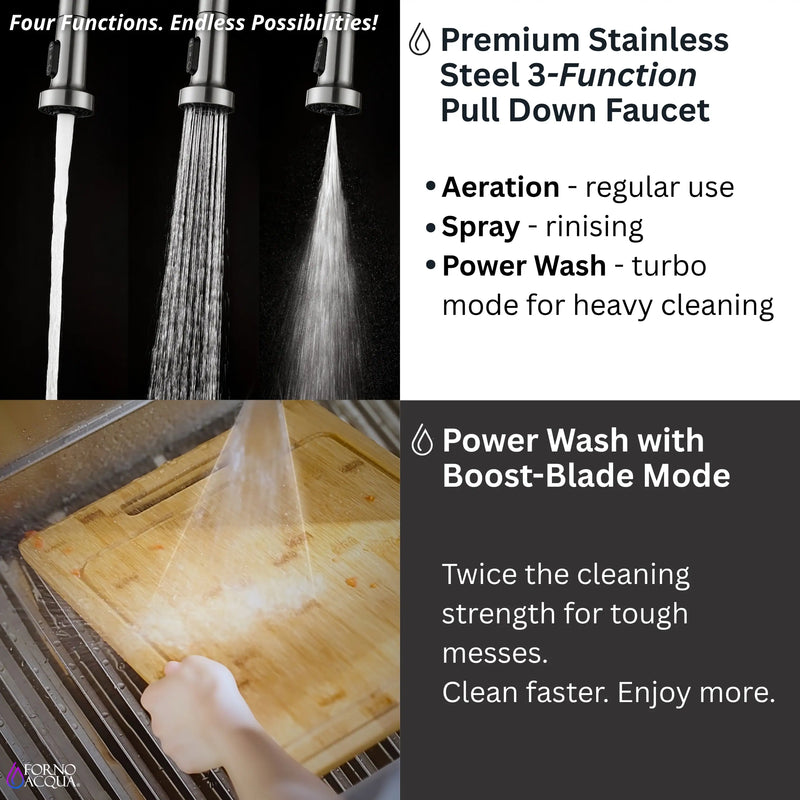 Forno Acqua 45-Inch Drop-In/Undermount 3-Level Workstation Sink with Two Faucets & Glass Rinser (J-WP30)