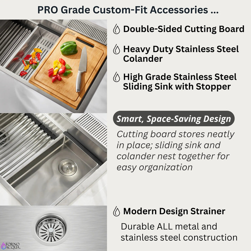 Forno Acqua 33-Inch Drop-In/Undermount 3-Level Workstation Sink with Faucet, Waterfall & Glass Rinser (E-ZP31)