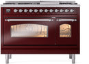 ILVE Nostalgie II 48-Inch Dual Fuel Freestanding Range with Removable Griddle in Burgundy with Copper Trim (UP48FNMPBUC)