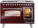 ILVE Nostalgie II 48-Inch Dual Fuel Freestanding Range with Removable Griddle in Burgundy with Copper Trim (UP48FNMPBUC)