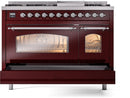 ILVE Nostalgie II 48-Inch Dual Fuel Freestanding Range with Removable Griddle in Burgundy with Copper Trim (UP48FNMPBUC)