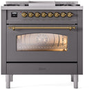 ILVE Nostalgie II 36-Inch Dual Fuel Freestanding Range with Removable Griddle in Matte Graphite with Brass Trim (UP36FNMPMGG)