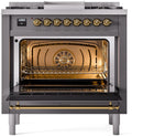 ILVE Nostalgie II 36-Inch Dual Fuel Freestanding Range with Removable Griddle in Matte Graphite with Brass Trim (UP36FNMPMGG)