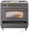 ILVE Nostalgie II 36-Inch Dual Fuel Freestanding Range with Removable Griddle in Matte Graphite with Brass Trim (UP36FNMPMGG)