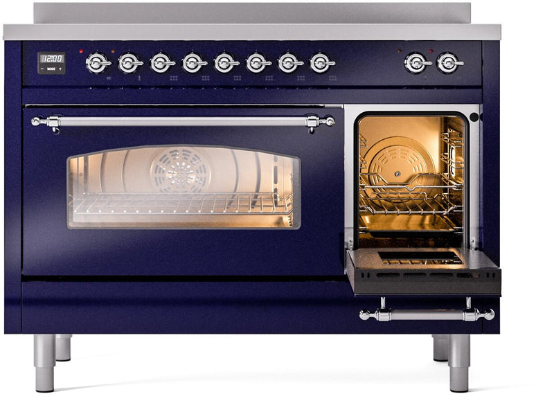 ILVE Nostalgie II 48-Inch Freestanding Electric Induction Range in Midnight Blue with Chrome Trim (UPI486NMPMBC)