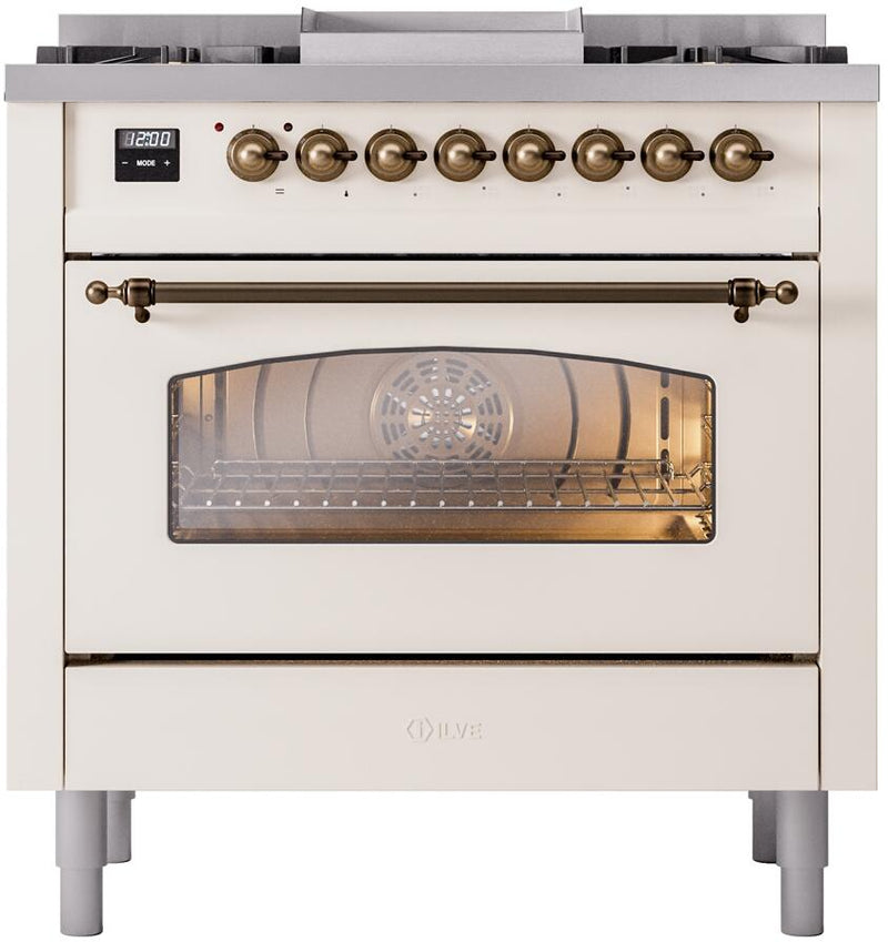 ILVE Nostalgie II 36-Inch Dual Fuel Freestanding Range with Removable Griddle in Antique White with Bronze Trim (UP36FNMPAWB)