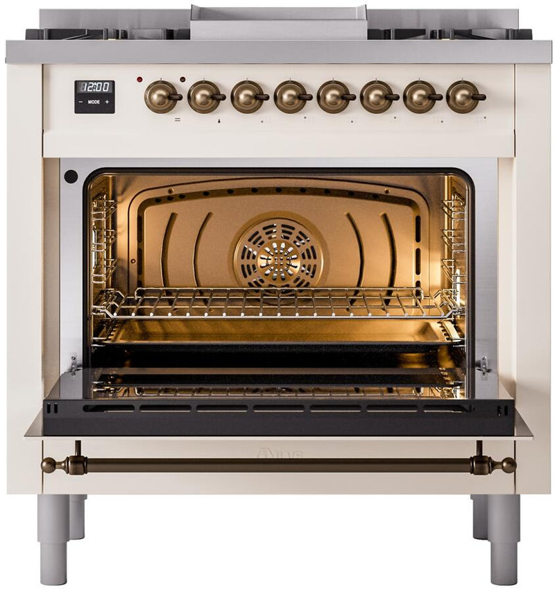 ILVE Nostalgie II 36-Inch Dual Fuel Freestanding Range with Removable Griddle in Antique White with Bronze Trim (UP36FNMPAWB)