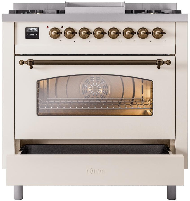 ILVE Nostalgie II 36-Inch Dual Fuel Freestanding Range with Removable Griddle in Antique White with Bronze Trim (UP36FNMPAWB)