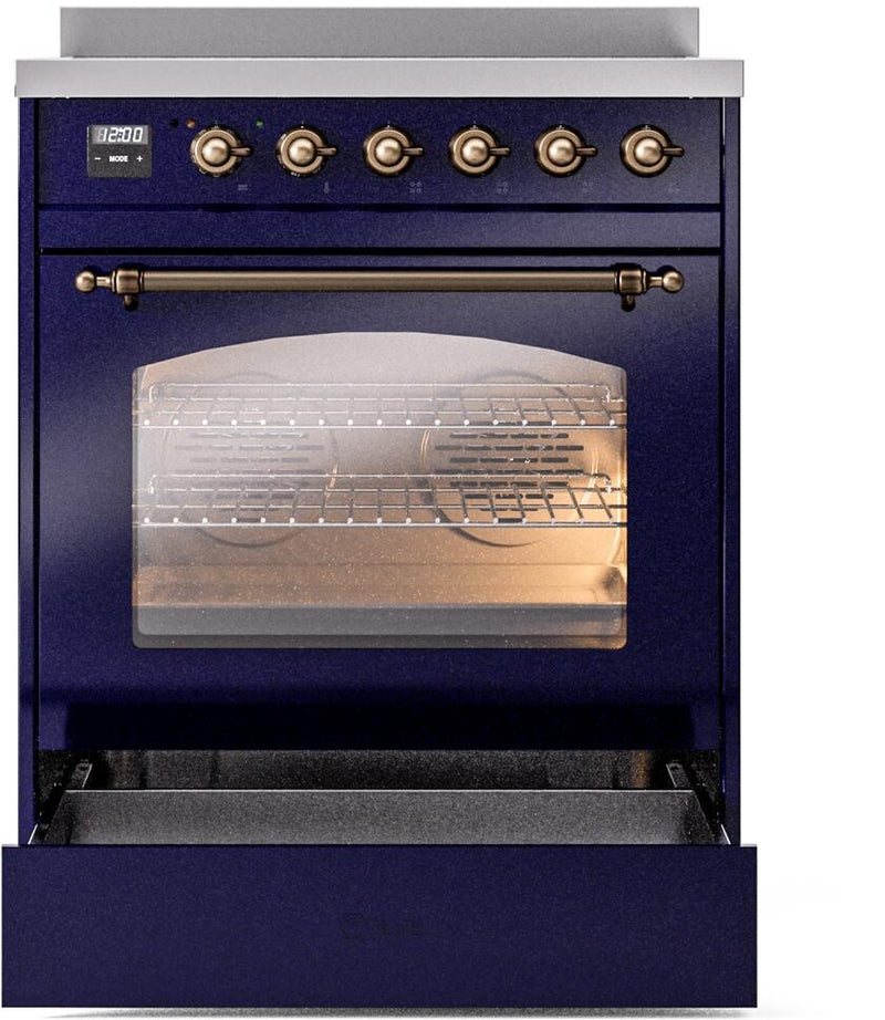 ILVE Nostalgie II 30-Inch Freestanding Electric Induction Range in Midnight Blue with Bronze Trim (UPI304NMPMBB)