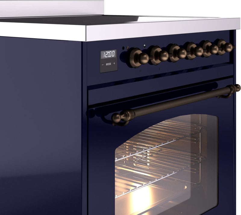 ILVE Nostalgie II 30-Inch Freestanding Electric Induction Range in Midnight Blue with Bronze Trim (UPI304NMPMBB)