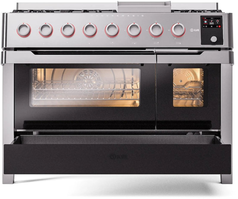 ILVE Panoramagic 48-Inch Freestanding Dual Fuel Range with Removable Griddle in Stainless Steel (UPM12FDS3SS)