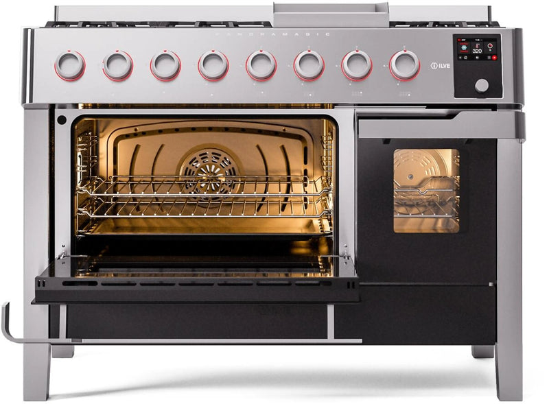 ILVE Panoramagic 48-Inch Freestanding Dual Fuel Range with Removable Griddle in Stainless Steel (UPM12FDS3SS)