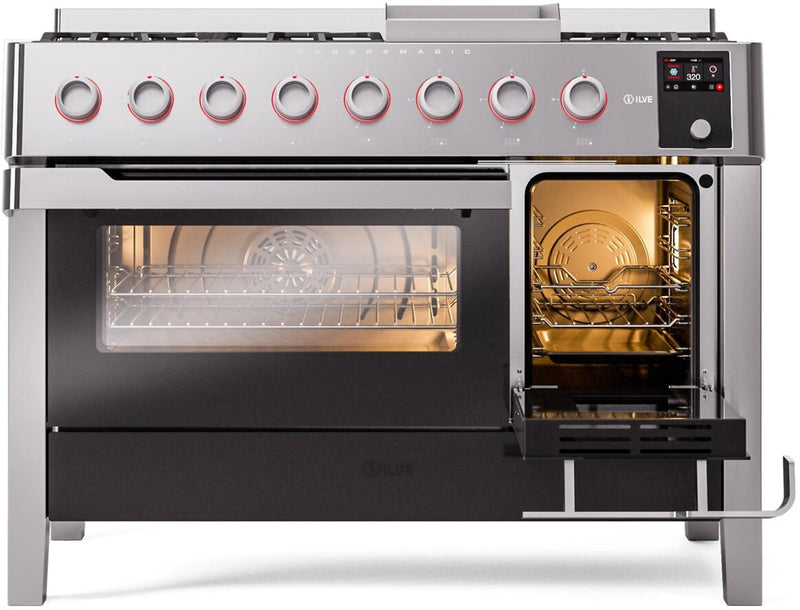 ILVE Panoramagic 48-Inch Freestanding Dual Fuel Range with Removable Griddle in Stainless Steel (UPM12FDS3SS)