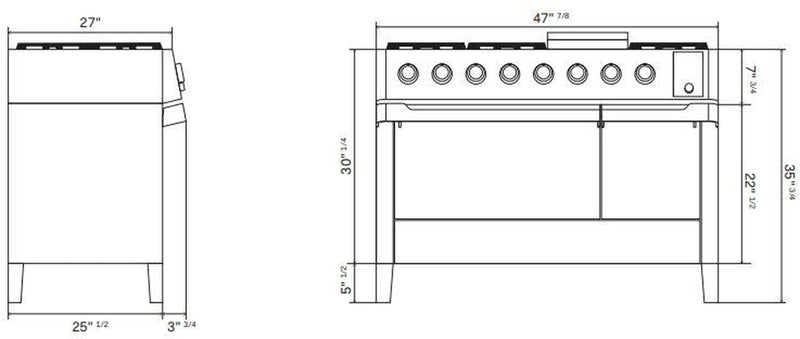 ILVE Panoramagic 48-Inch Freestanding Dual Fuel Range with Removable Griddle in Stainless Steel (UPM12FDS3SS)