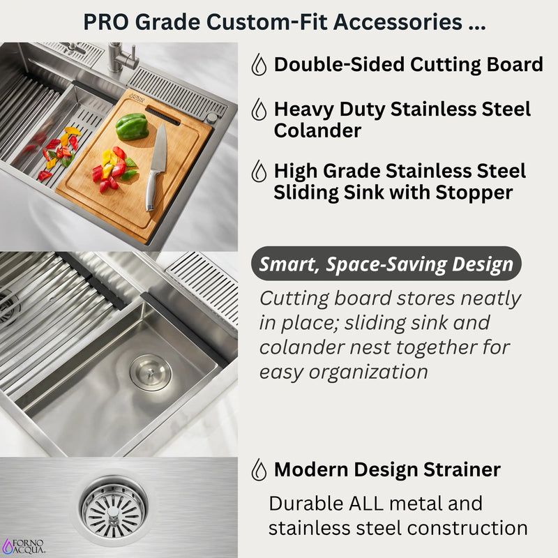 Forno Acqua 45-Inch Drop-In/Undermount 3-Level Workstation Sink with Two Faucets & Glass Rinser (J-WP30)