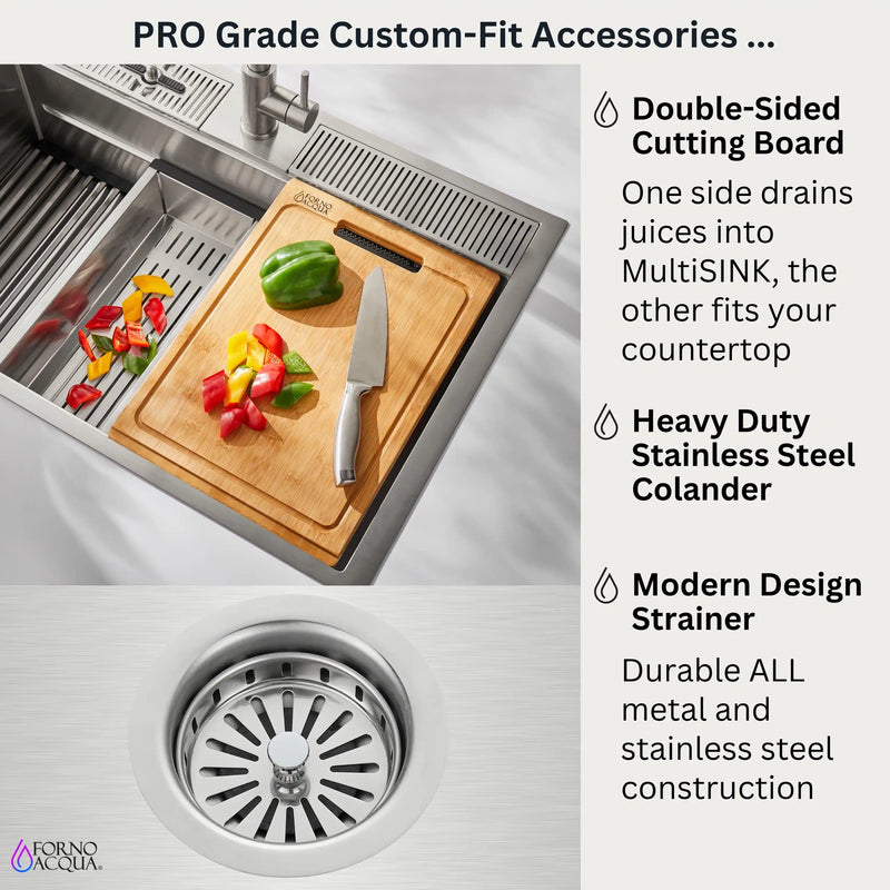 Forno Acqua 33-Inch Drop-In/Undermount 3-Level Workstation with Retractable Faucet & Glass Rinser (D-ZP30)